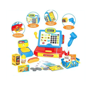 Игрушечный кассовый аппарат, звуки, подсветка, калькулятор, микрофон, игрушечные деньги, выдвижной ящик, весы, продукты, свет звук VB35578