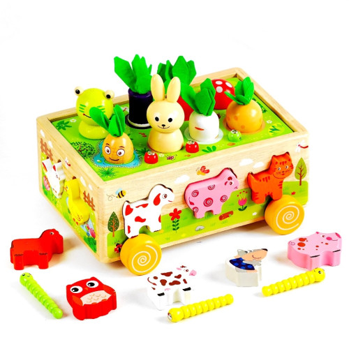 Деревянная игра Каталка, "Ферма", овощи, животные, черви, сортеры JH61631