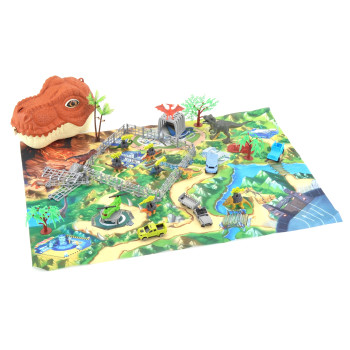 Набір динозаврів, 49 елементів, 10 фігурок динозаврів, декорації, 4 машинки, гвинтокрил, тканинне ігрове поле, регульований ремінець, CP9964