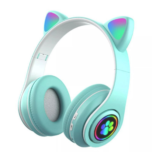 Бездротові Bluetooth навушники з котячими вушками Кітті, RGB підсвічування, бірюзові P.33M Бездротові Bluetooth навушники з котячими вушками Кітті, RGB підсвічування, бірюзові P.33M